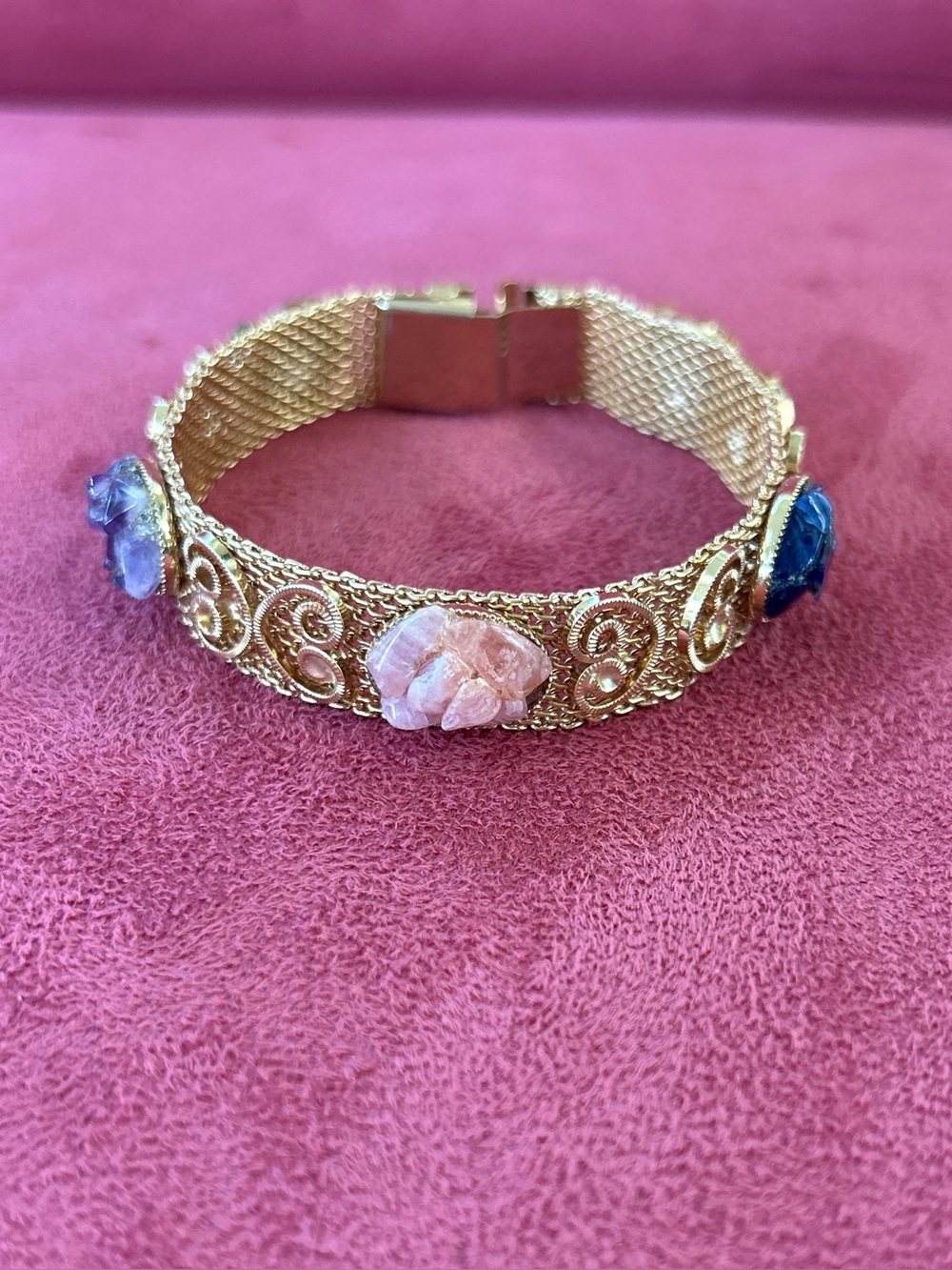 Mid Century Mesh and Filigree Gemstone Bracelet